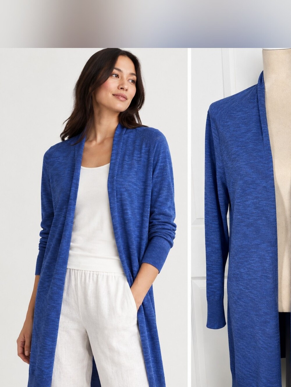 Eileen Fisher Organic Linen Cotton Slub Long Open Cardigan Blue L